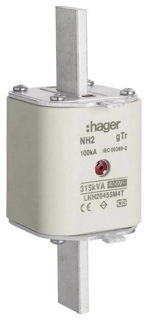 A kép egy NH-biztosítékot ábrázol a következő feliratokkal: 'hager', 'NH2', 'gTr', '100kA', 'IEC 60269-2', '315kVA', '400V' és több szimbólummal.