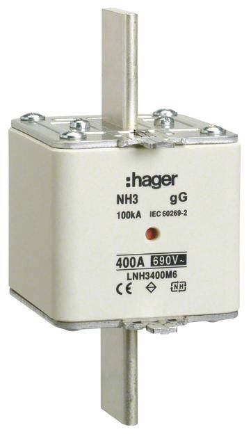 Hager elektromos NH-biztosíték betét, 400A, 690V. Fehér ház, fém érintkezőkkel felül és alul. IEC 60269-2 tanúsítvánnyal rendelkezik.