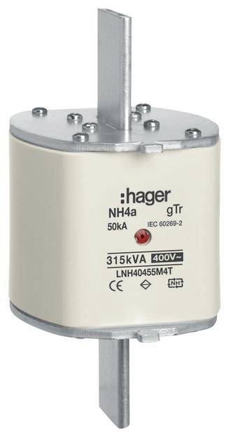 Egy Hager gyártmányú, henger alakú biztosítóbetét, NH4a gTr típus, '315kVA 400V' felirattal.
