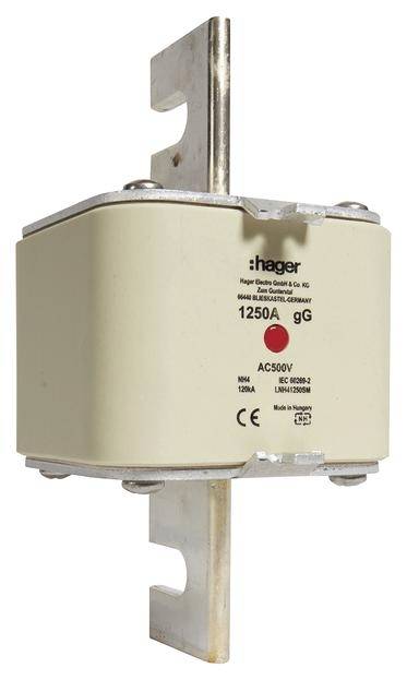 Hager biztosíték, NH4 modell. AC 500V, 1250A. Bézs ház fémkontaktokkal, CE-jelölés látható.