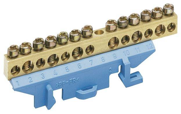 Egy sárgaréz fésű kék műanyag tartóban, tizenkét számozott csavaros csatlakozóval elektromos bekötésekhez.