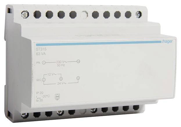 Egy Hager ST315 transzformátor, primer feszültség 230 V~, szekunder feszültség 12 V~/24 V~ és védettségi fokozat IP20.
