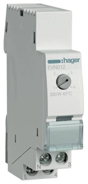 Hager márkájú elektronikus dimmer, EVN012 modell, 300W teljesítményre méretezve 45°C-on. Négy fokozatú forgókapcsolóval állítható.