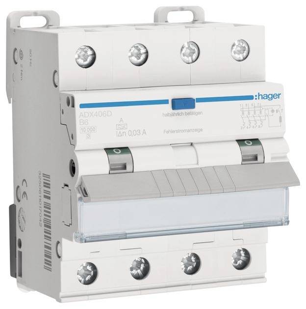 Egy háromfázisú megszakító a Hager márka ADX406D modellje, a műszaki részleteket feltüntető előlappal.