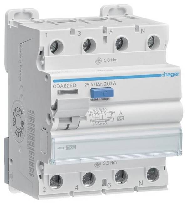 Hager CDA625D CDA625D FI védőkapcsoló A 4 pólusú 25 A 0.03 A 400 V