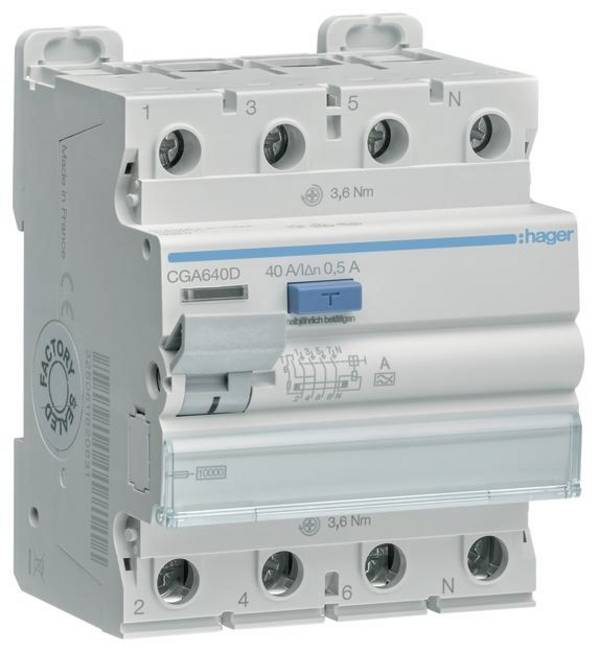 Hager CGA640D CGA640D FI védőkapcsoló A 4 pólusú 40 A 0.5 A 400 V
