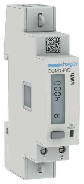 Egy Hager ECM140D típusú villanyszámláló ábrázolása digitális kijelzővel, amelyen '40,00 kWh' látható. Egy QR-kód helyezkedik el felül.