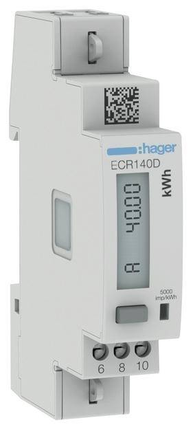 Hager ECR140D típusú digitális kijelzős áramfogyasztásmérő, amely '4000' értéket mutat. Kompakt, szürke házburkolata tetején QR-kóddal ellátott.