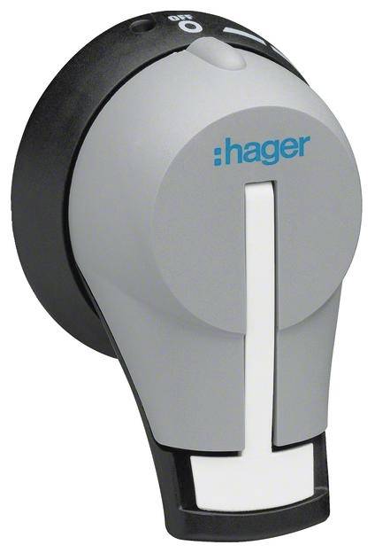 Hager szürke kapcsoló felirattal, az 'ON' pozíciót mutatja.