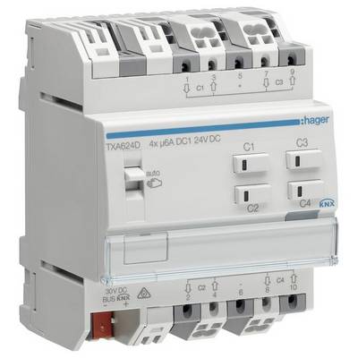 'Egy Hager KNX aktor TXA624D 4 csatornával, 24V DC-hez, automatikus vezérléssel és busz-csatlakozással, elektromos terhelések elosztására alkalmas.'