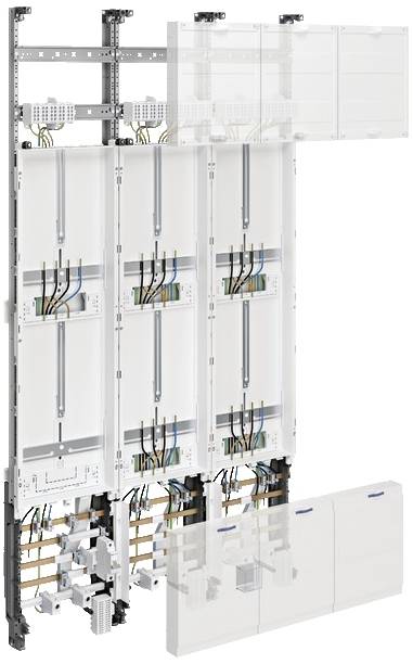 Háromdimenziós ábrázolás egy elektromos elosztószekrényről nyitott előlappal, amely bemutatja a belső huzalozást és alkatrészeket.