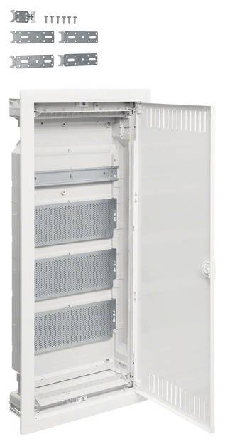 Egy üres, fehér fémszekrény nyitott ajtóval és több betétpolccal. Felette csavarok és tartók láthatók.