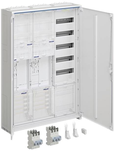 Kinyitott elosztószekrény három modullal, érdekes alkatrészekkel és tartozékokkal. Ideális elektromos szerelésekhez.