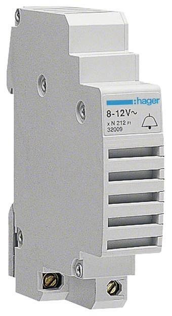 'Csengőtranszformátor 8-12V~ feszültséghez, szürke ház, függőleges szellőzőnyílások, márkanév nyomtatva a jobb felső sarokban.'