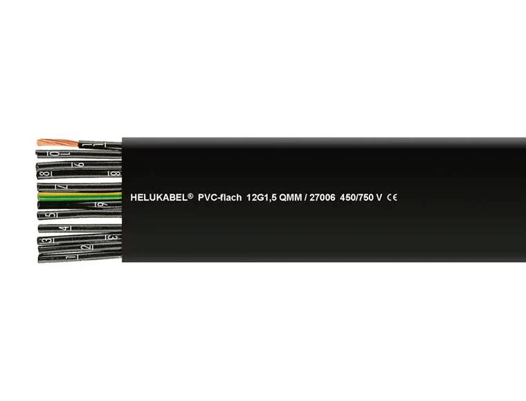 Fekete lapos kábel többszínű belső vezetékekkel és '<br>HELUKABEL® PVC-lapos 12G1,5 QMM / 27006 450/750 V CE' felirattal.