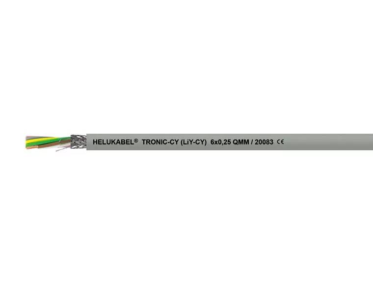Elektromos kábel "HELUKABEL TRONIC-CY (LiY-CY) 6x0,25 QMM / 20083 CE" felirattal, több színes belső vezető látható rajta.