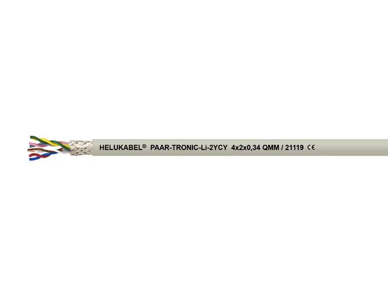 Fehér kábel a "HELUKABEL® PAAR-TRONIC-Li-2YCY 4x2x0,34 QMM / 21119 CE" felirattal, több színes kábelpár látható.