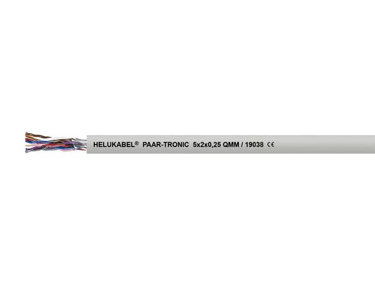 Egy szürke kábel látható, színes erekkel a végén, amelyen a 'HELUKABEL® PAAR-TRONIC 5x2x0,25 QMM / 19038 CE' jelölés szerepel.