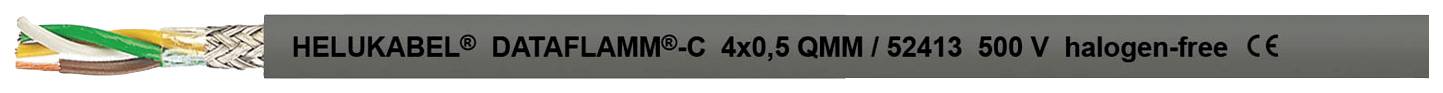 Kábel nyitott huzalszerkezettel és 'HELUKABEL® adatkábel C 4x0,5 mm² (25x0.19) 300 V halogénmentes' felirattal.