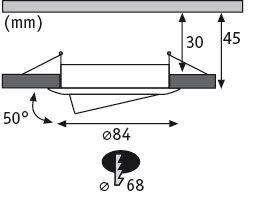 A diagram mutatja egy kerek süllyesztett lámpatest műszaki rajzát a következő méretekkel: átmérő 84 mm, beépítési mélység 68 mm, döntésszög 50 fok.