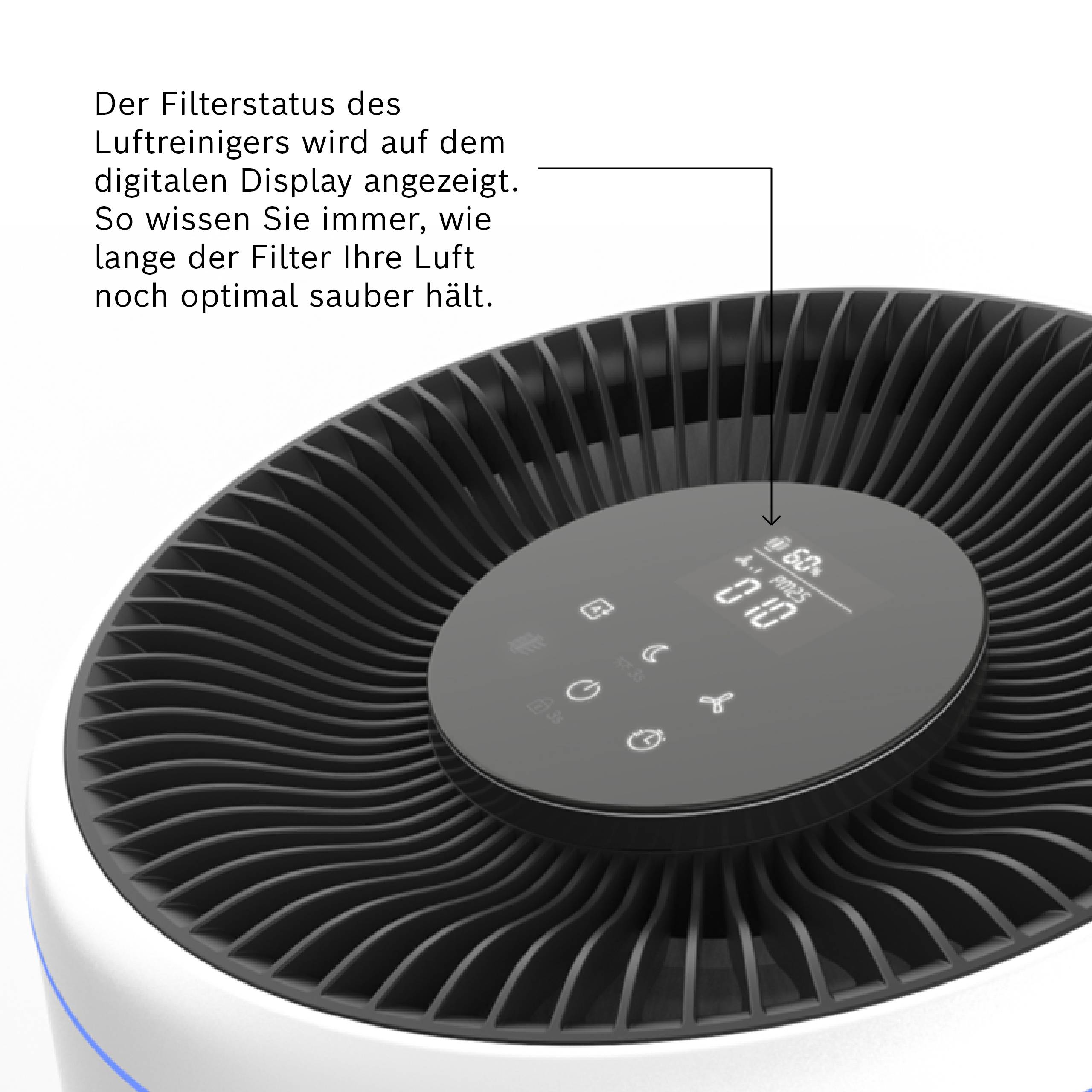 Légtisztító digitális kijelzővel, amely mutatja a szűrő állapotát. Szöveg: 'Így mindig tudhatja, mennyire hatékonyan tartja tisztán a levegőt a szűrője.'