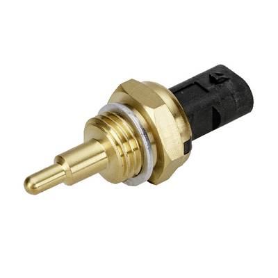 Egy hőmérséklet-érzékelő arany fém- és fekete műanyag alkatrészekkel, amelyet mechanikai rendszerek hőmérsékletének mérésére használnak.