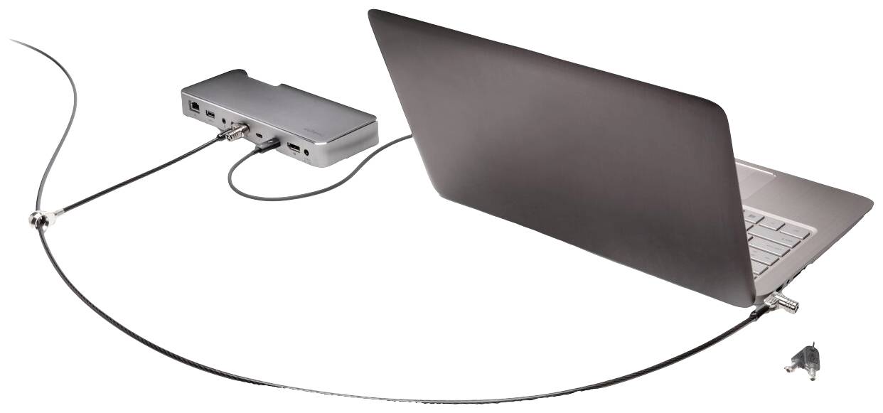 Egy laptop biztonsági zárral és kábellel van rögzítve az asztalhoz. A dokkoló állomás szintén csatlakoztatva van a kábelhez.
