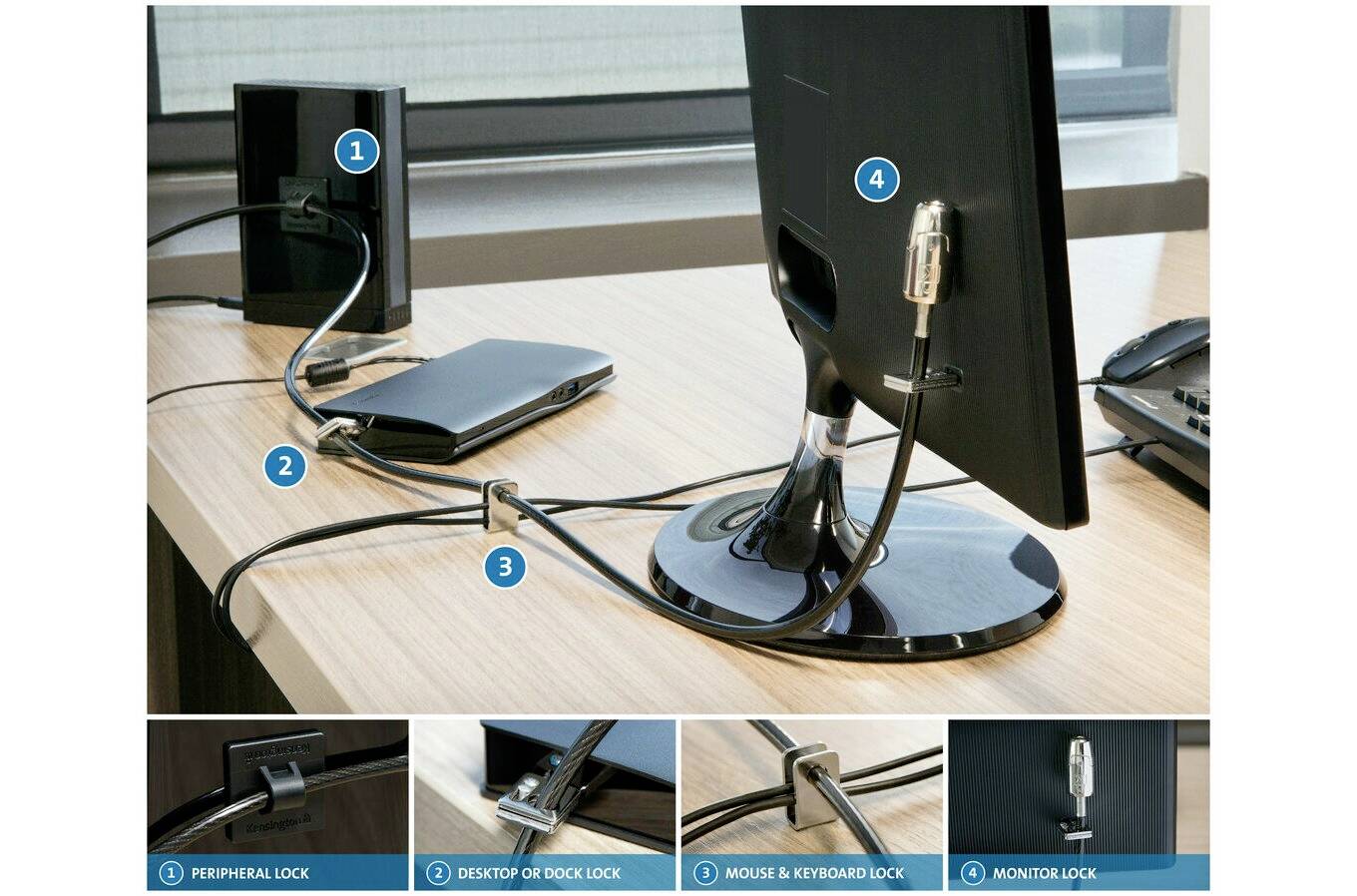 Egy monitor és egy asztali számítógép védve van egy biztonsági zárrendszerrel egy íróasztalon, hogy megakadályozza a lopást.