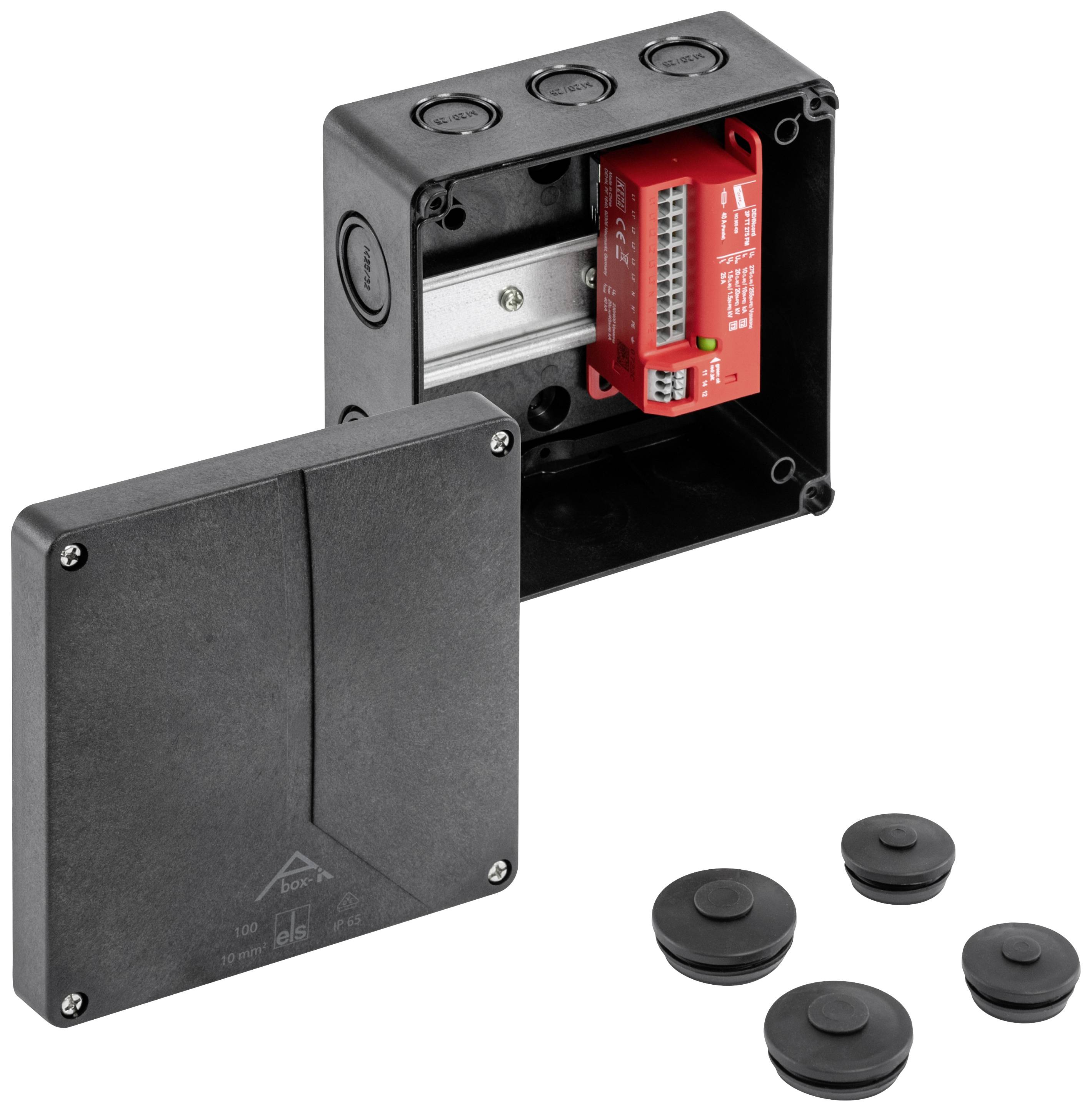 Fekete csatlakozódoboz piros modullal és négy fekete zárósapkával. Alkalmas kábelvezetéshez és védelemhez elektromos telepítésekben.