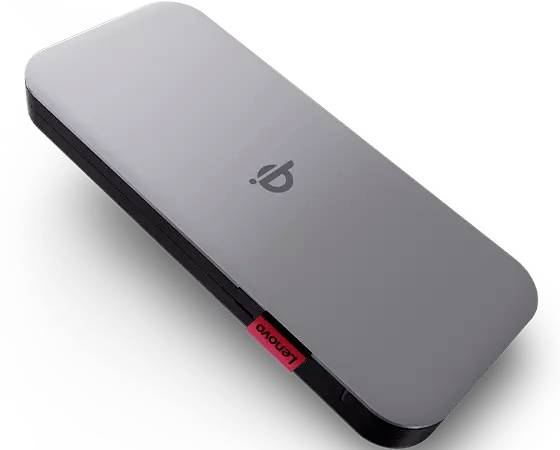 Egy szürke elektronikus eszköz Lenovo-logóval, téglalap alakú, lapos, valószínűleg egy dokkoló állomás vagy töltő.