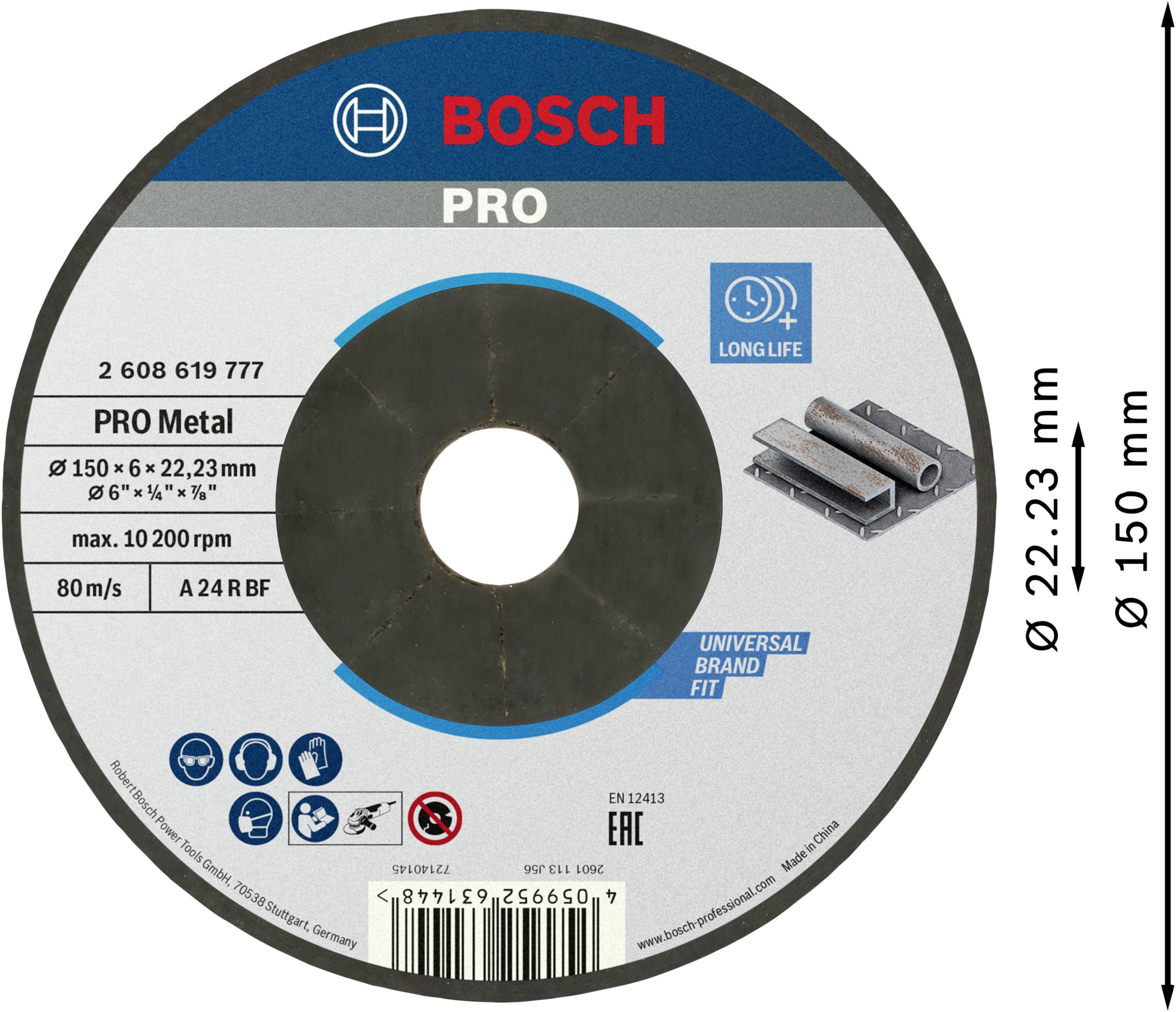 Csiszolókorong BOSCH PRO címkével, 150 mm átmérő, fémfeldolgozáshoz. Alkalmas 80 m/s sebességre és max. 20.200 ford/perc fordulatszámra.