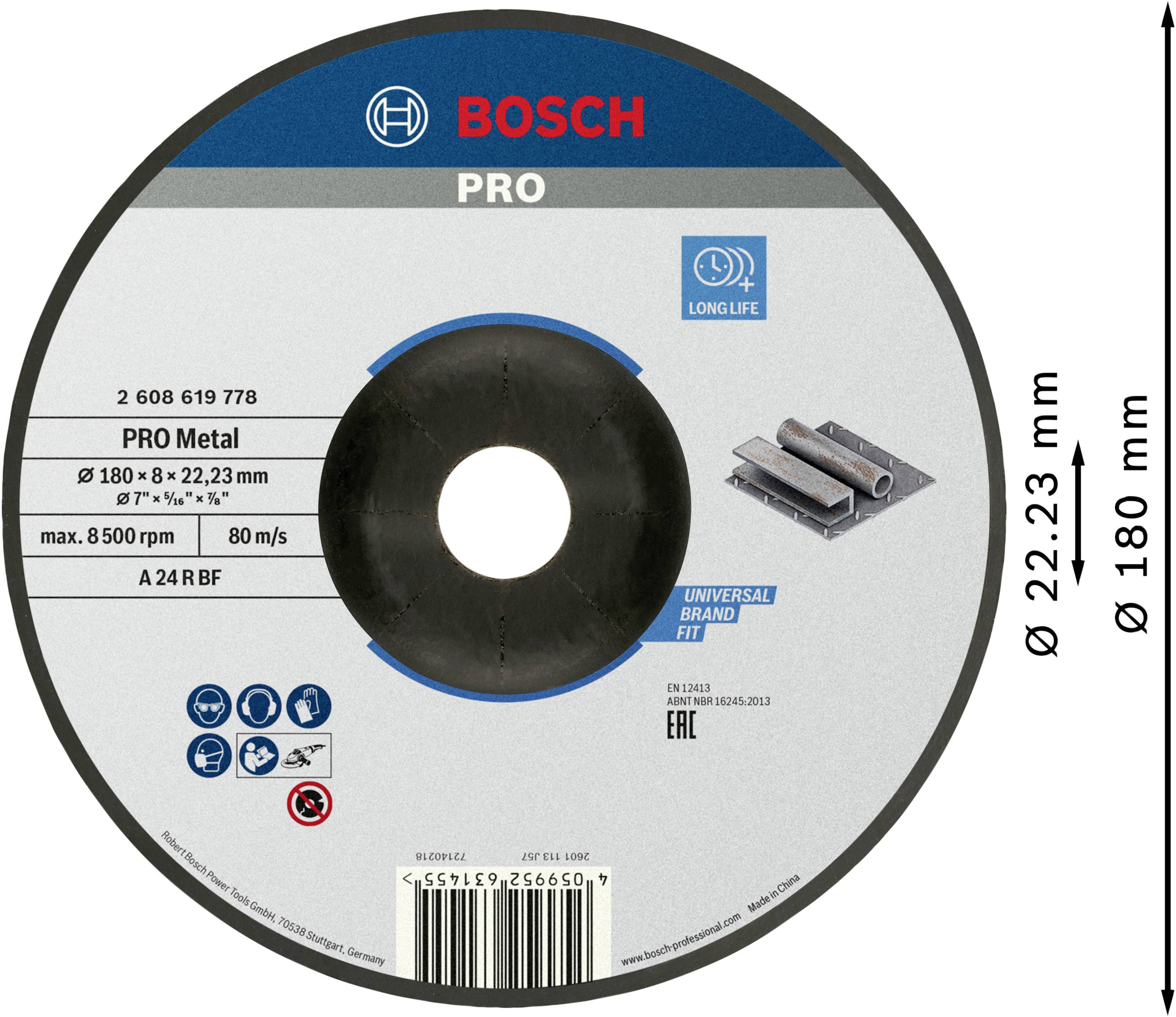 Bosch vágótárcsa ábrázolása, 'Pro Metal' modell, átmérő 180 mm, furatátmérő 22,23 mm, 8500 ford/perc. Fémhez alkalmas.