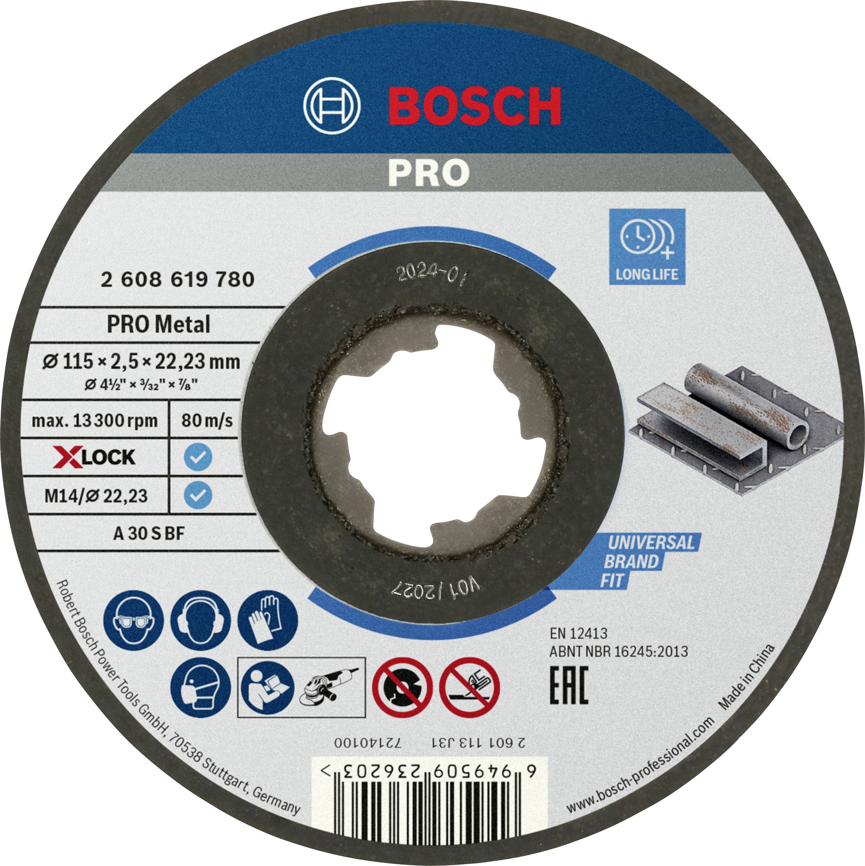 Csiszolótárcsa Bosch logóval, méretadatok: 115x22,23 mm, 80 m/s, 13.300 ford/perc, fémhez alkalmas. 'Long Life' szimbólumot tartalmaz.