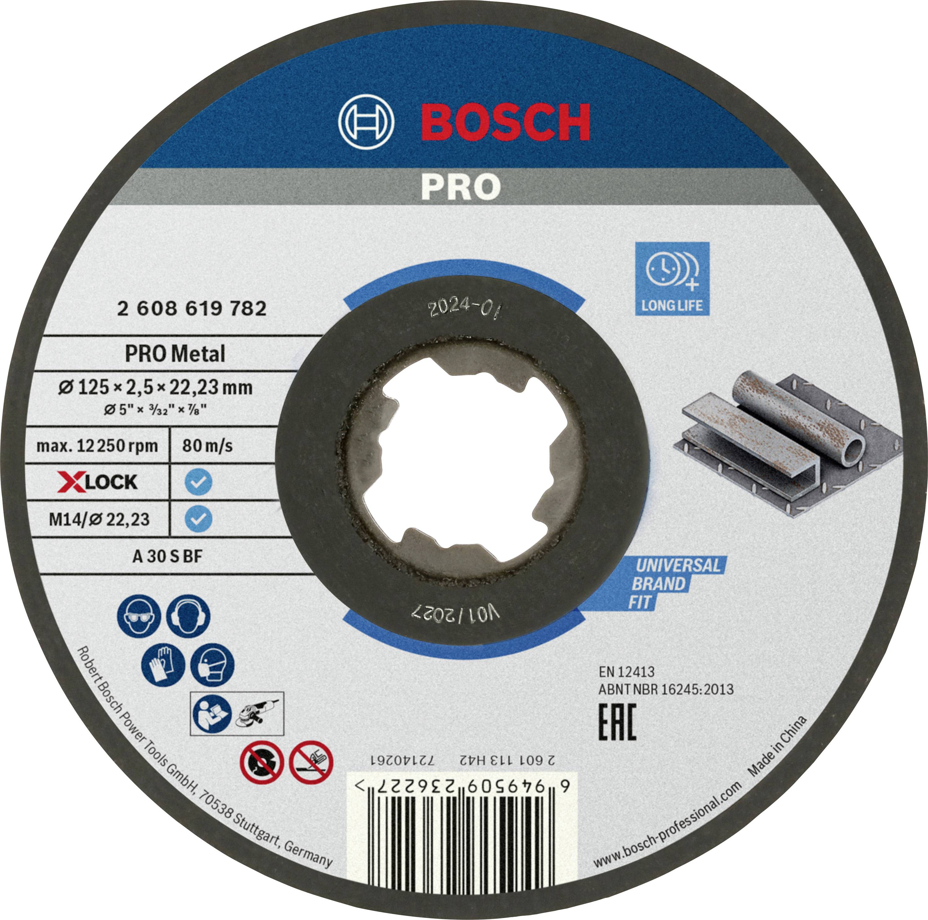 Egy Bosch vágótárcsa, alkalmas fémfeldolgozásra, 125 mm átmérővel, X-LOCK rendszerrel és hosszú élettartammal.