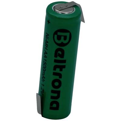 Egy zöld, Beltrona márkájú AA-típusú akkumulátor, 1500 mAh kapacitással és 1,2 V feszültséggel, Ni-MH típusú, álló helyzetben.