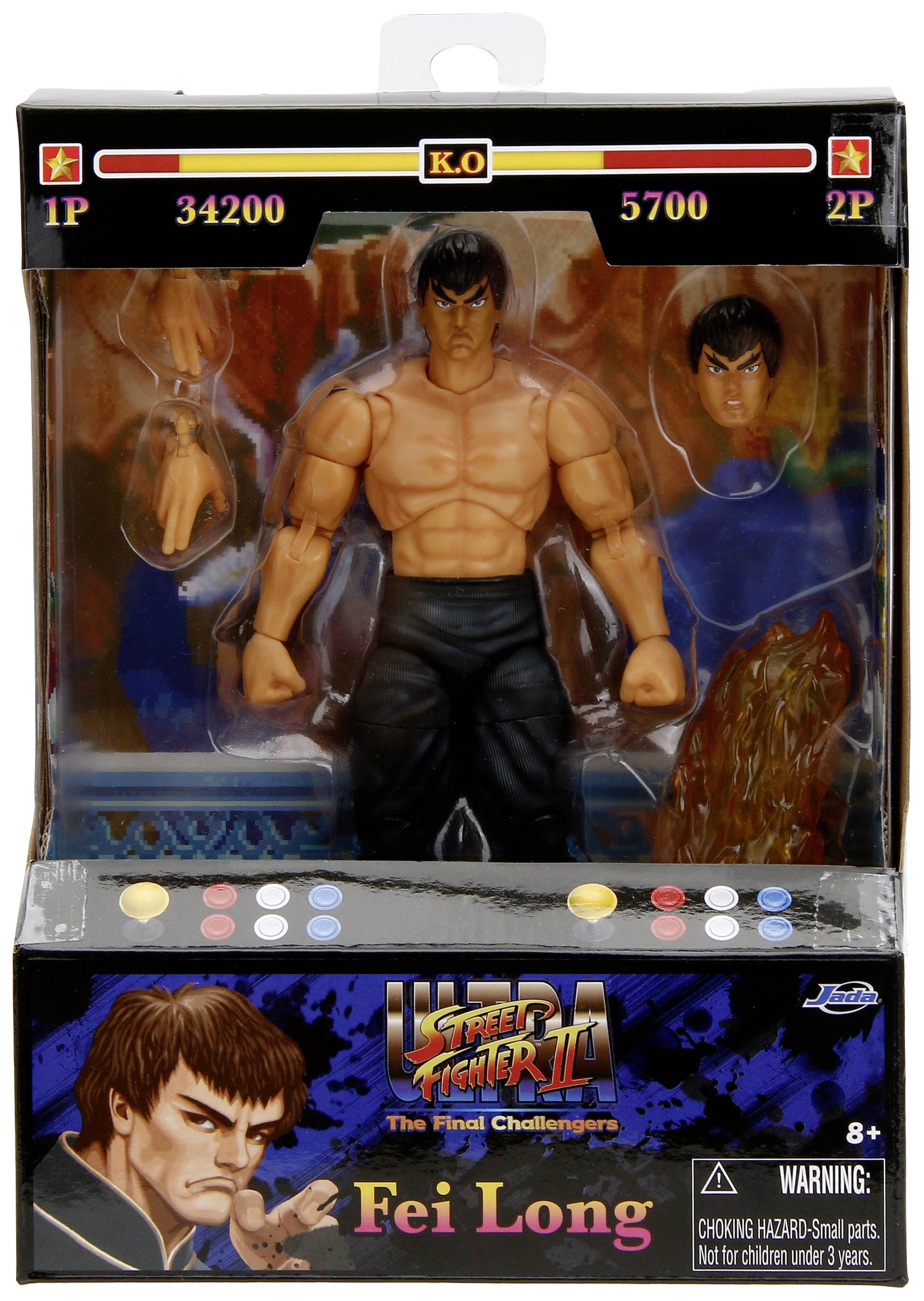 Egy Fei Long-figura a 'Street Fighter II: The Final Challengers' videojátékból, kiegészítő fejekkel és kezekkel. A csomagoláson pontok és 8 éves kortól szóló figyelmeztetés látható.