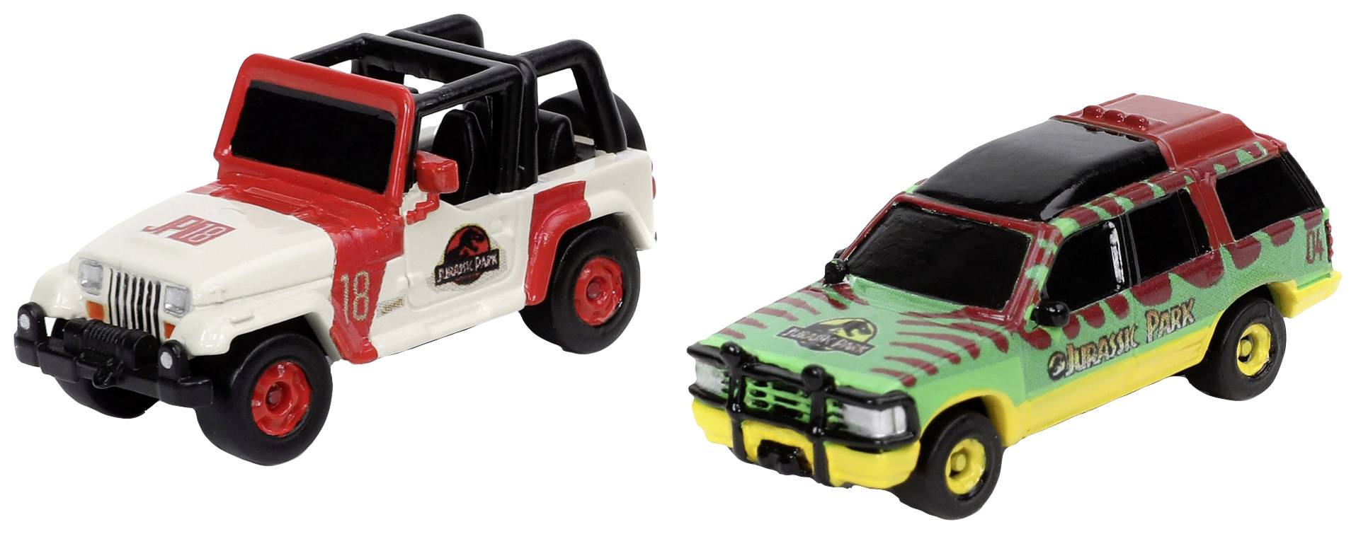 Két játékautó Jurassic Park dizájnban: Balra egy fehér Jeep logóval, jobbra egy zöld autó piros-sárga csíkokkal és logóval.