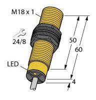 Induktív érzékelő, sárga M18 x 1 menettel, 60 mm hosszú, LED-kijelzővel, 24/8-as kulcsmérettel, 50 mm és 4 mm részméretekkel.