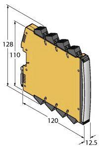 Egy sárga elektronikai eszköz fekete csatlakozókkal ellátott diagramja. Méretei: magasság 128 mm, szélesség 120 mm, mélység 12,5 mm.