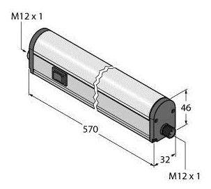 A lámpa ábrázolása M12 x 1 csatlakozókkal mindkét végén. Mérete: 570 mm hosszúság, 46 mm magasság, 32 mm szélesség.