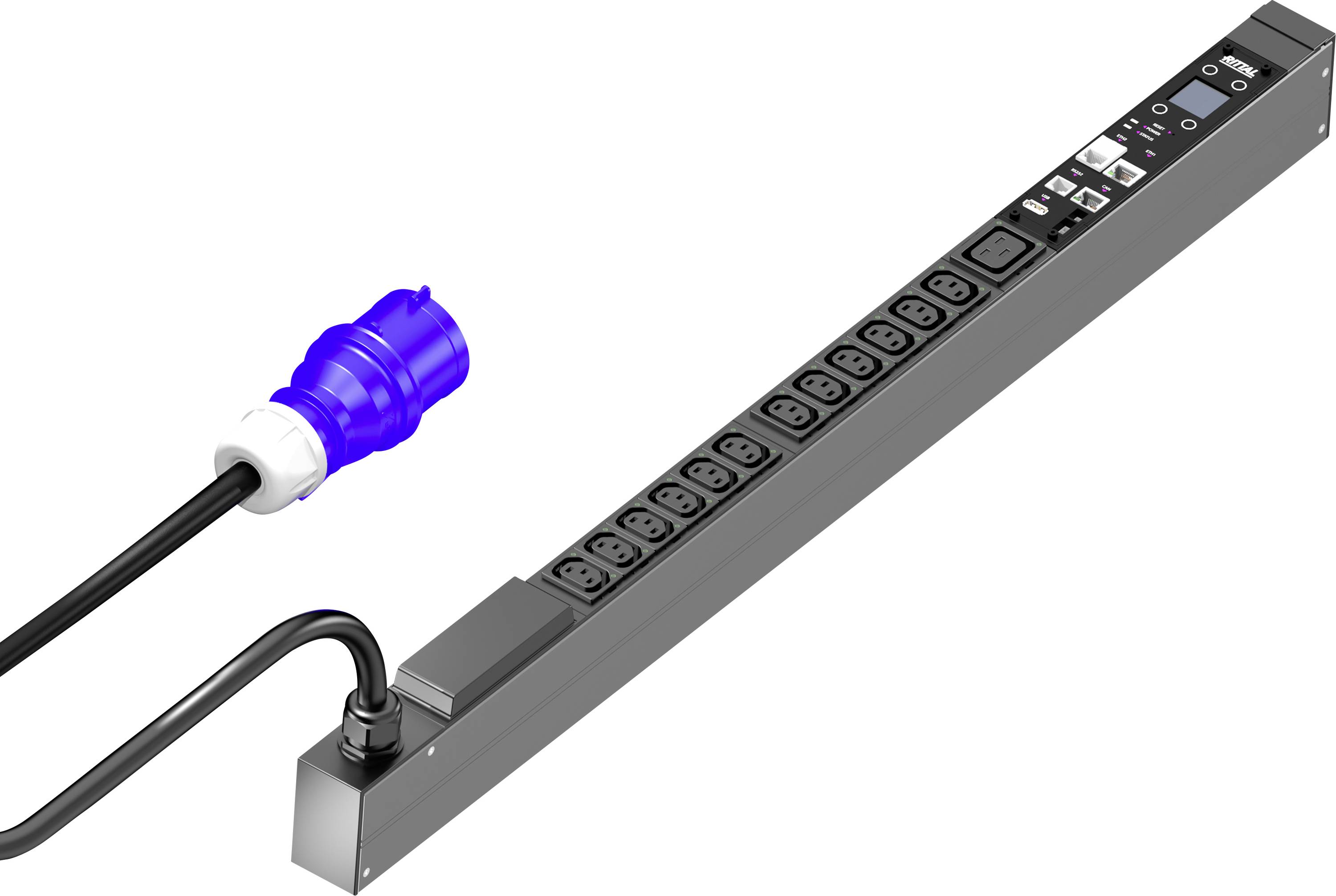 'Tizenkét kimenetes elosztó kék csatlakozóval, ipari felhasználásra alkalmas.'