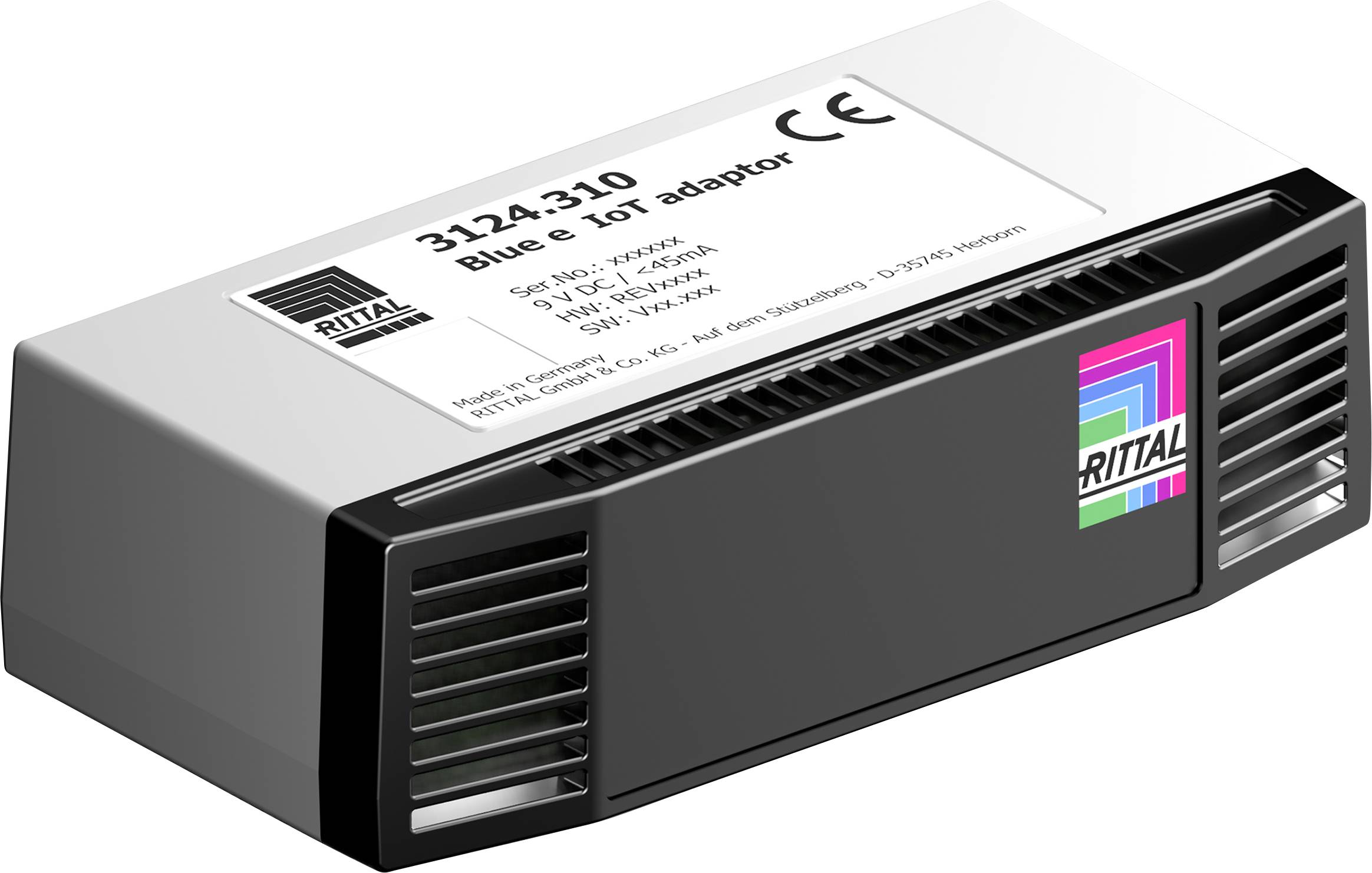 Egy fekete adapter szellőzőnyílásokkal és gyártói matricával. Feliratozva '3124.310 Blue e Tor adaptor' technikai specifikációkkal.