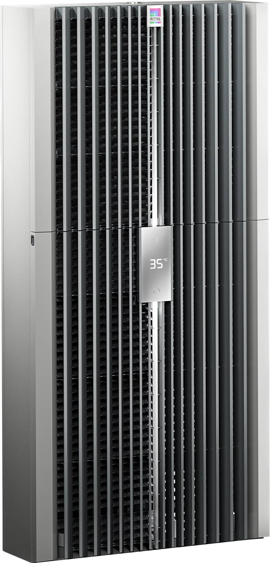 Egy szürke, függőleges klímaberendezés digitális kijelzővel, amelyen a '35' szám látható. A készüléknek függőleges szellőzőnyílásai vannak.