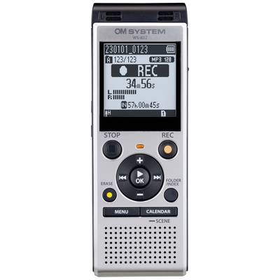Egy digitális kijelzővel rendelkező diktafon 34 perc és 56 másodperc felvételi időt mutat. Stop, felvétel és menü gombok láthatók.