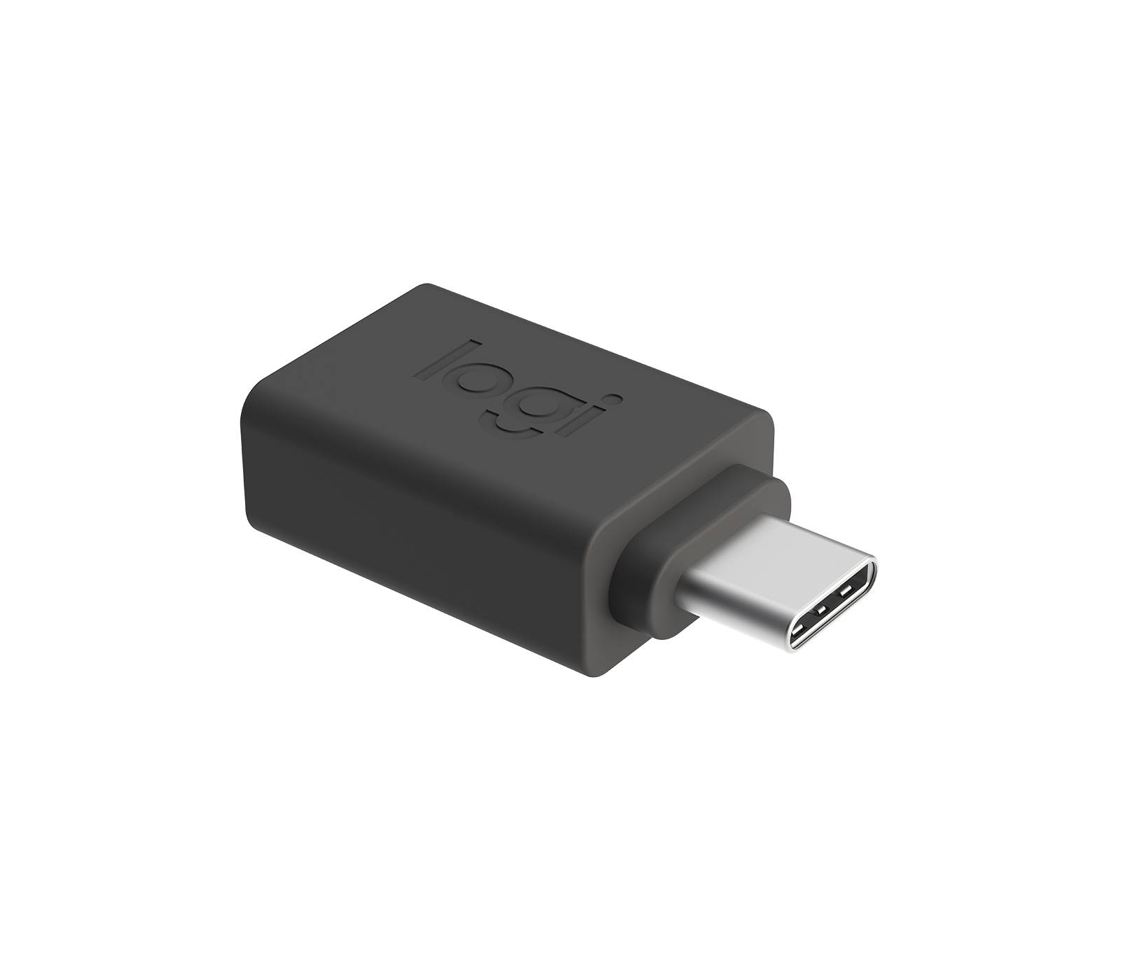 Fekete USB-C-adapter bemélyített 'logi' logóval a felső felületén. Kompakt, téglalap alakú.