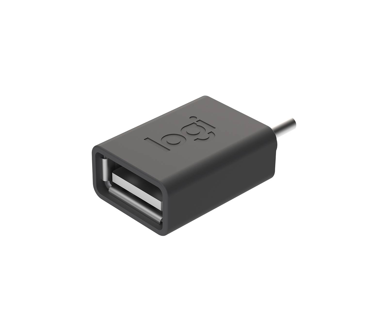 'Logi' USB-adapter, fekete, téglalap alakú lekerekített sarkokkal, USB-csatlakozót és vékony csatlakozót mutat a felső oldalán.
