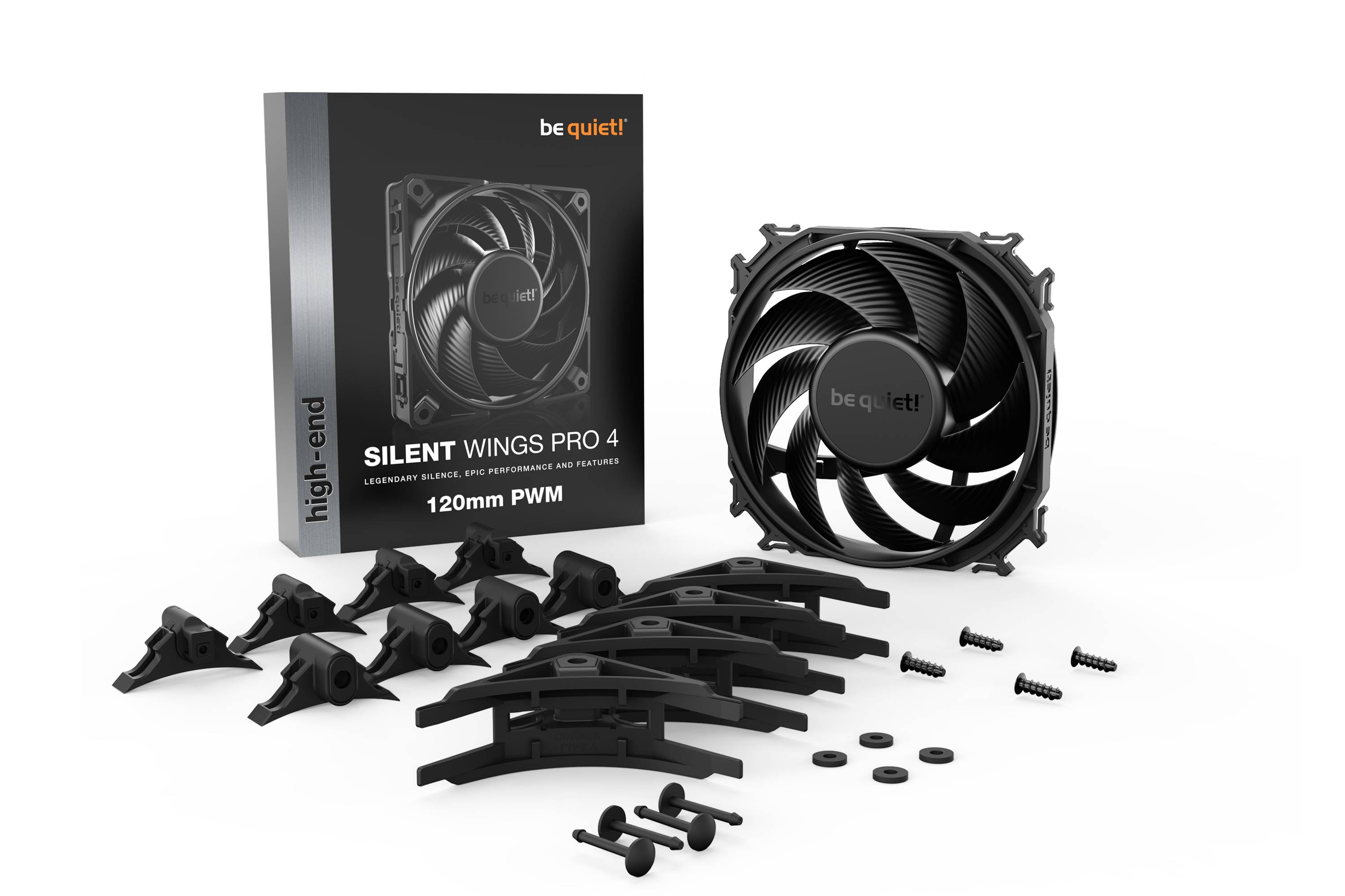 A be quiet! 'Silent Wings Pro 4' számítógép ventilátor modell, tartozékokkal és csomagolással professzionális hűtéshez.