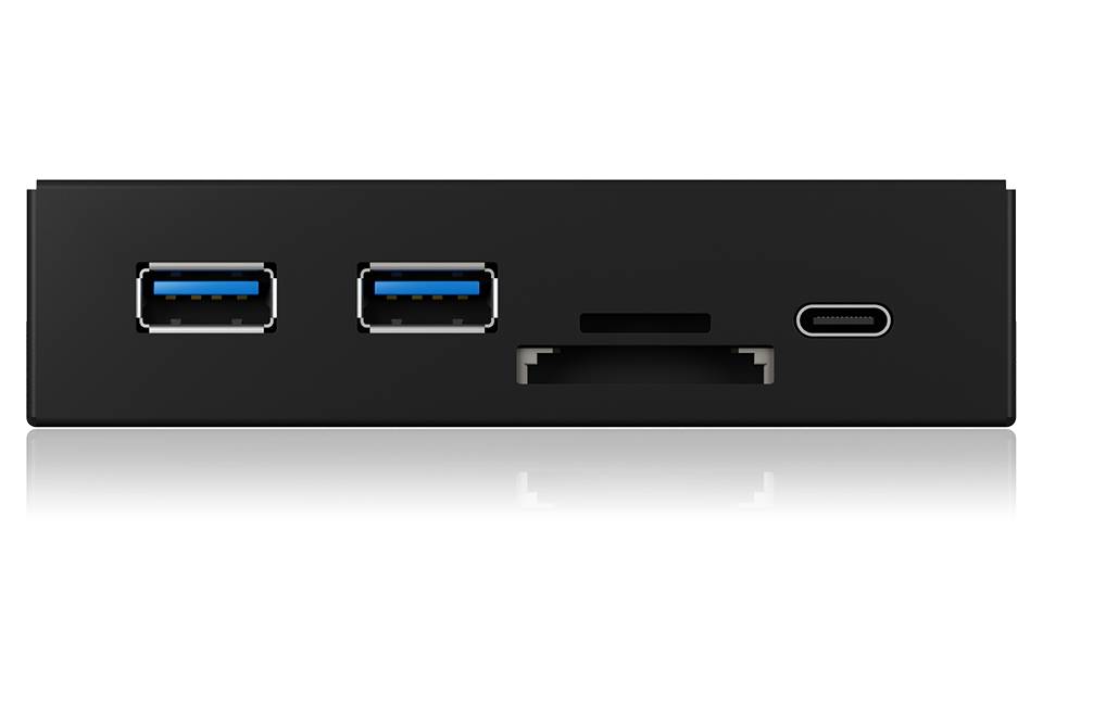 Elölnézetben egy fekete USB-elosztó, amely két USB 3.0-porttal, egy Micro-SD-kártyaolvasóval és egy USB-C csatlakozóval rendelkezik.