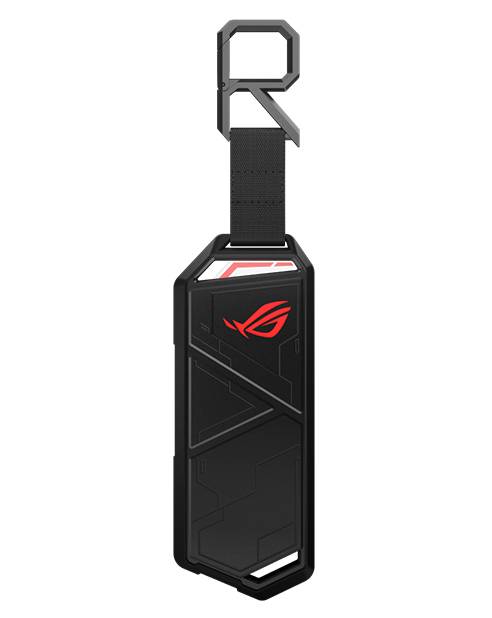 Egy fekete USB-pendrive piros logóval és geometriai dizájnnal. Felül egy kampó van rajta.