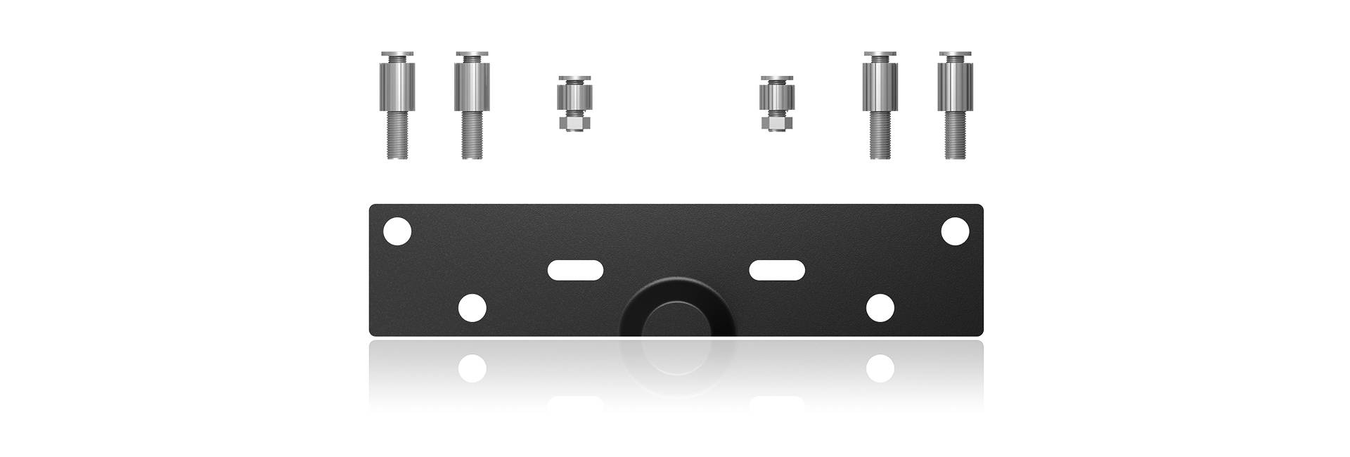 Fekete fém rögzítőkészlet csavarokkal és távtartókkal, egyenes felületekre történő rögzítéshez alkalmas.